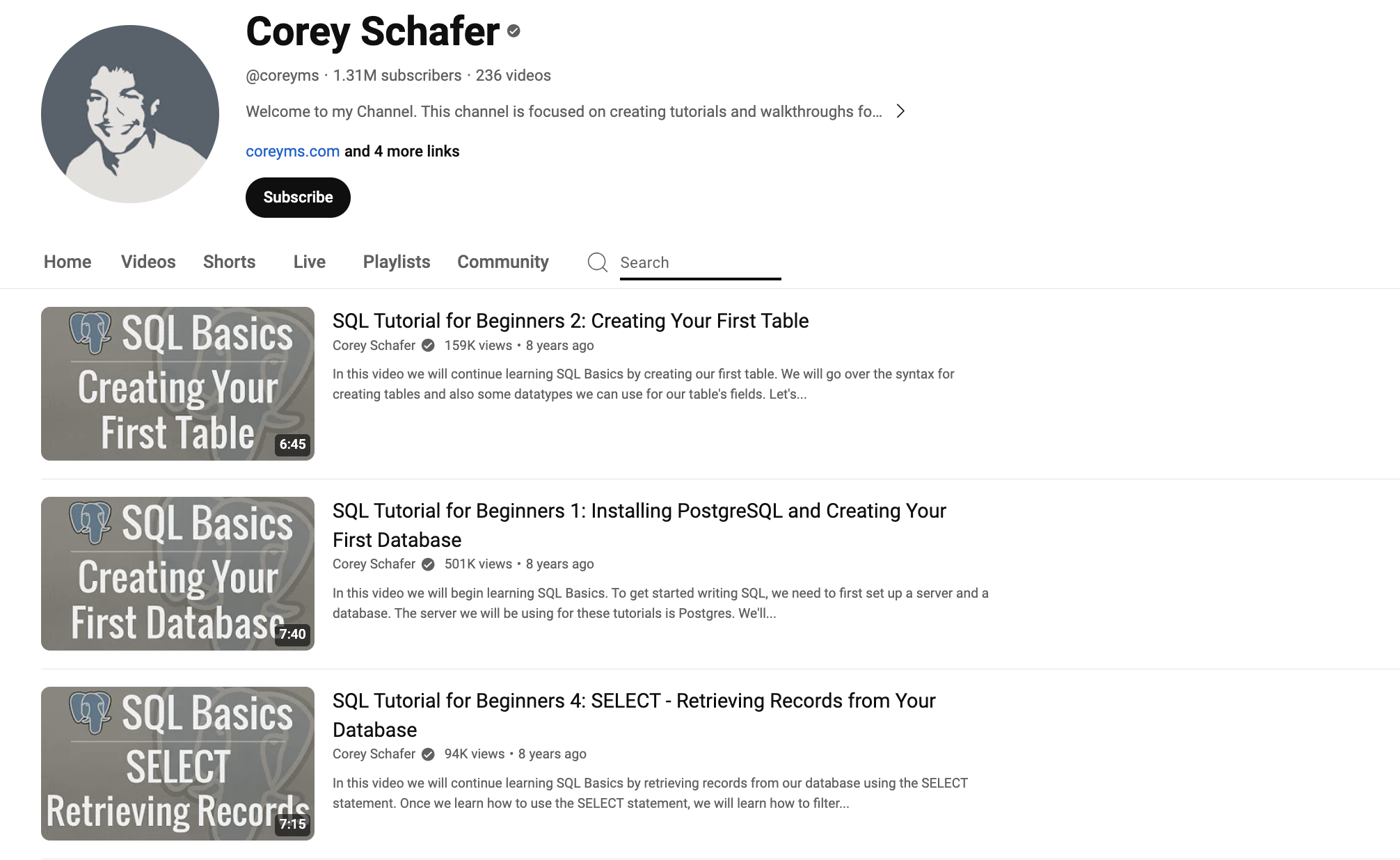 devtodev - Corey Schafer - YouTube SQL channels